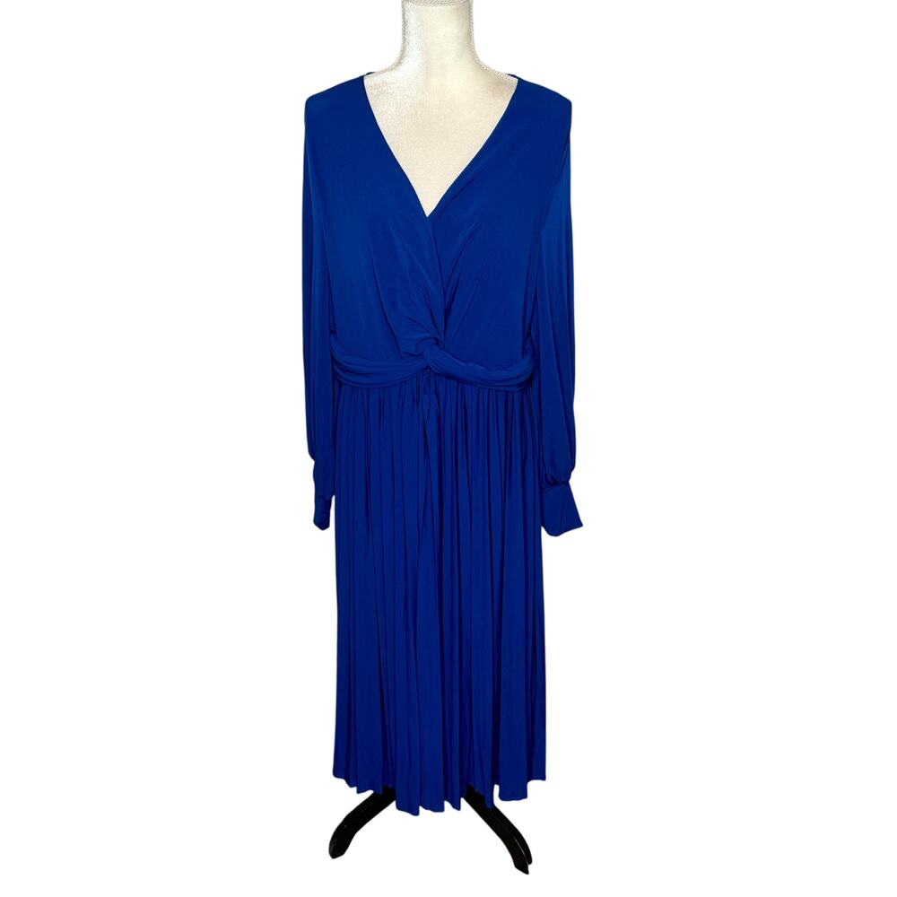 ELOQUII NEW Women's PLUS 18 Knot Front Pleated Skirt Long Sleeve Midi Dress Blue